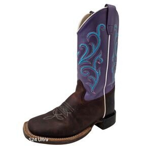 Old West Western Boots Purple Brown Leather Square Toe Cowboy Cowgirl Girls 3.5D